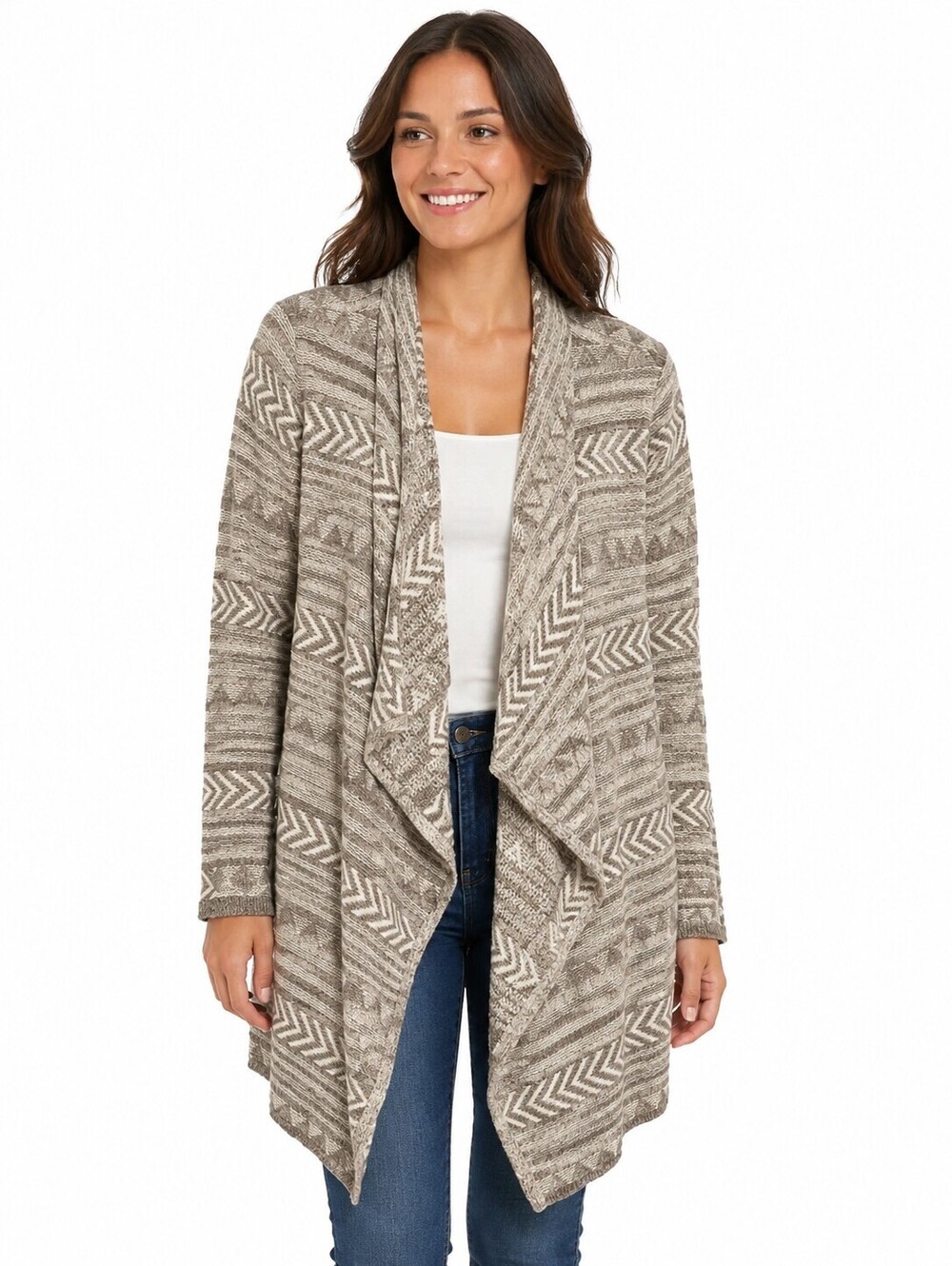 Lucky Brand Women's Open Front Draped Cardigan Beige Ivory Aztec Knit Sweater- L